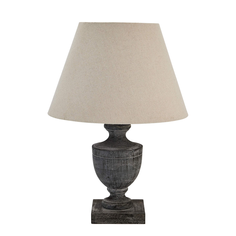 Incia table lamp with grey-washed wood base and neutral linen shade, 51cm tall, for ambient lighting by Sostter at brixbailey.com