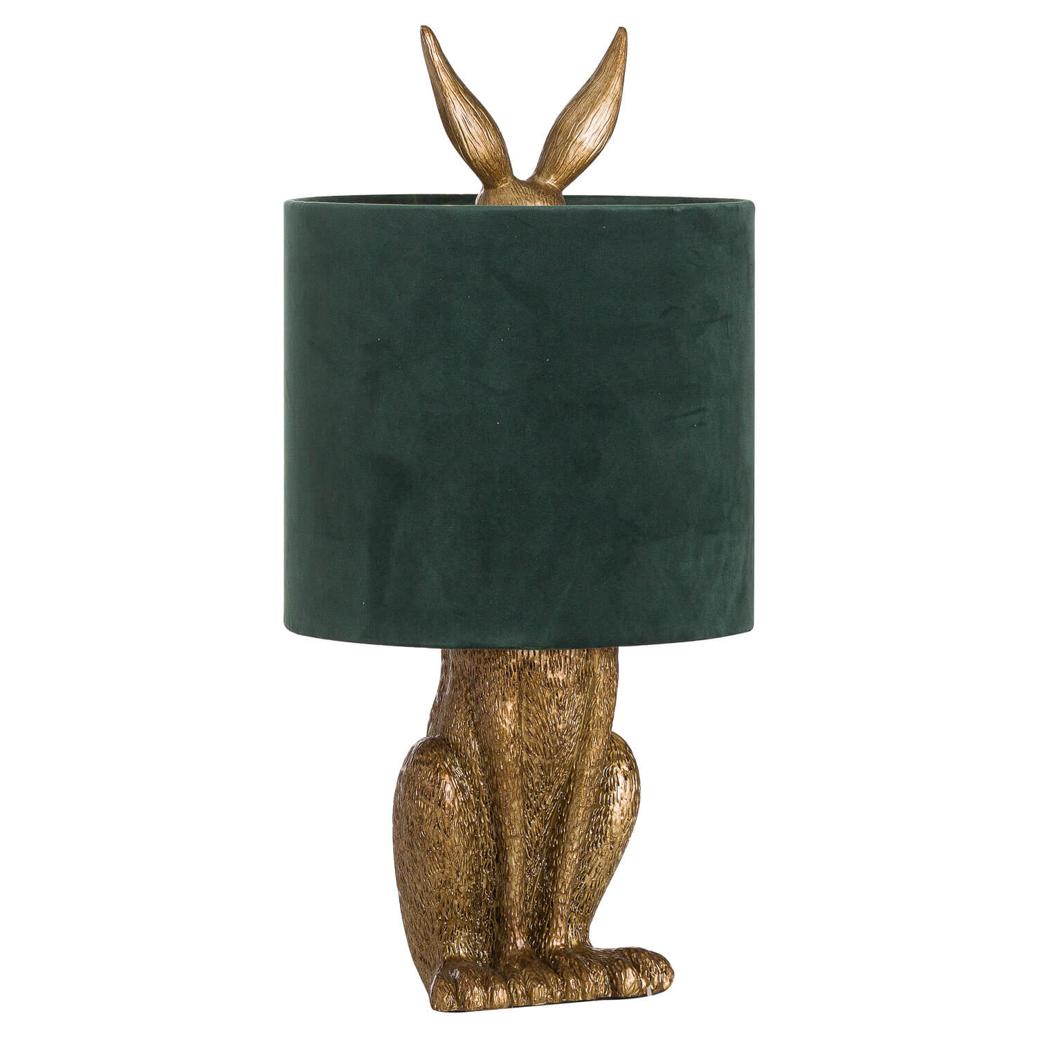 Antique gold hare table lamp with green velvet shade, handcrafted resin sculpture, elegant home decor lighting  by Sostter at brixbailey.com