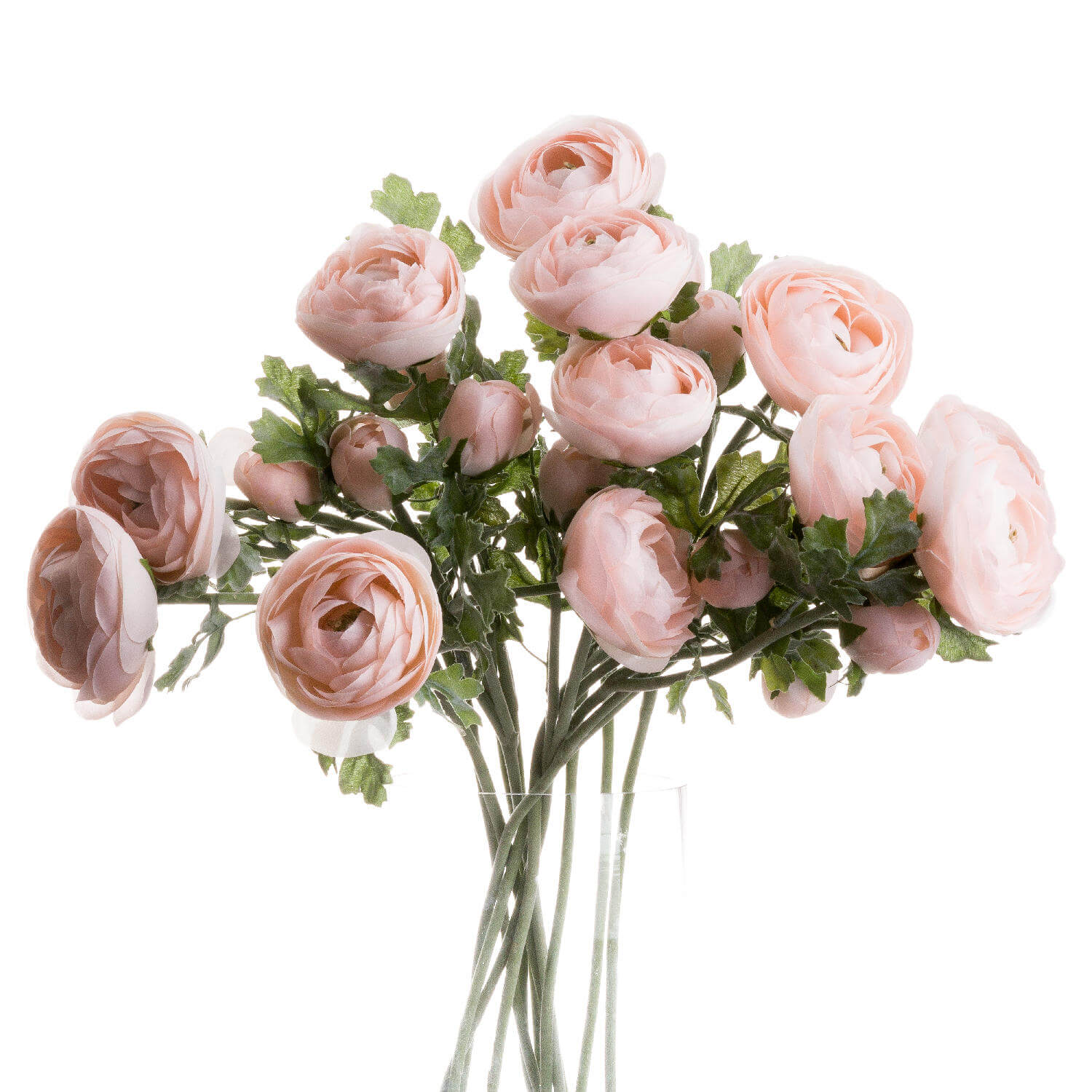Handcrafted artificial Persian buttercup stems in soft pink with realistic buds and blooms, silk-free synthetic material. by Sostter at brixbailey.com