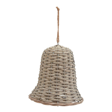 Handwoven wicker bell decoration, rustic brown with intricate patterns, 20cm holiday decor for winter displays by Sostter at brixbailey.com
