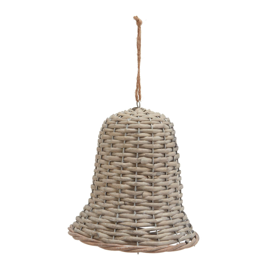 Handwoven wicker bell decoration, rustic brown with intricate patterns, 20cm holiday decor for winter displays by Sostter at brixbailey.com