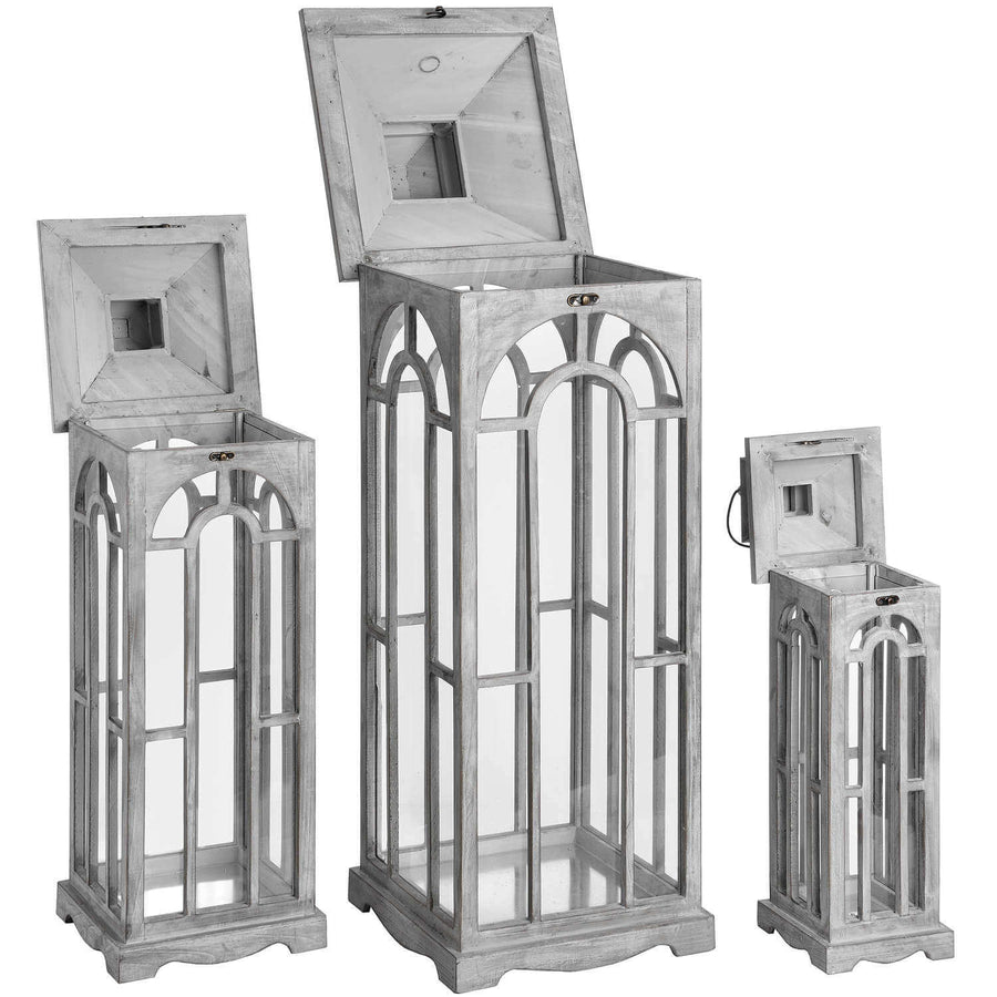 Set of three white-wash wooden lanterns with brass accents, rustic home decor for ambient lighting. by Sostter at brixbailey.com