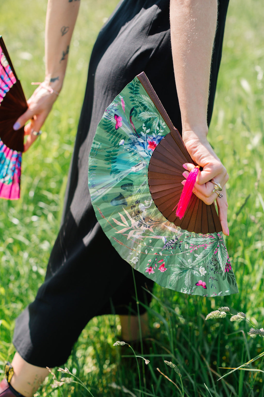 Green Silk Hand Fan with Mushroom and Crystal Botanical Artwork