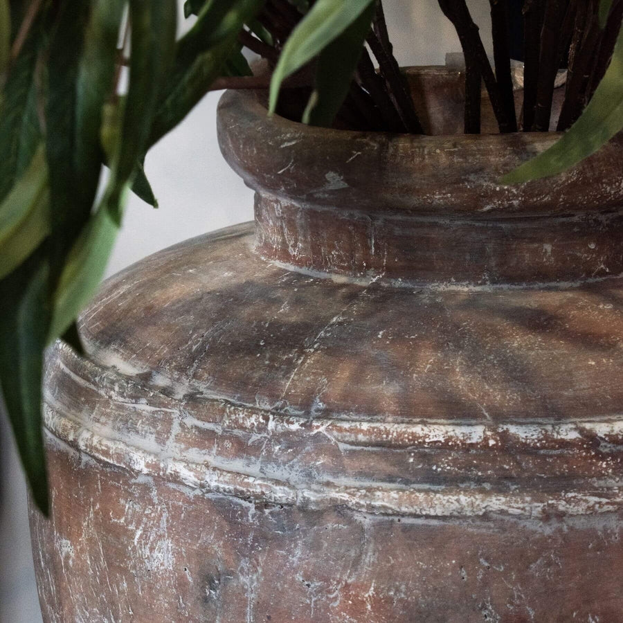 Large brown ceramic water pot with textured surface, wide mouth, and Mediterranean design, 39 cm tall.by Sostter at brixbailey.com