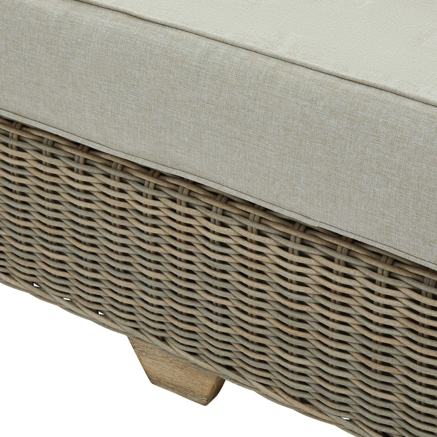 Handcrafted beige wicker sofa with HDPE weave, aluminum frame, and acacia wood feet for outdoor luxury patio seating. by Sostter at brixbailey.com