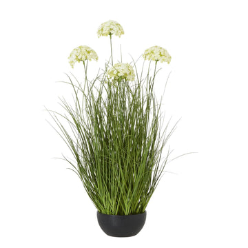 Lifelike faux white Allium plant in black pot, 120cm tall with spherical blooms, perfect for modern home decor by Sostter at brixbailey.com