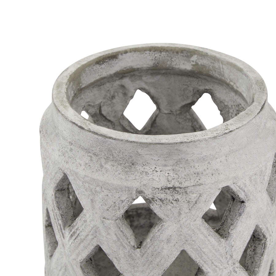 Handcrafted white ceramic lattice lantern with geometric stone finish, 15cm cube design for indoor/outdoor decor by Sostter at brixbailey.com