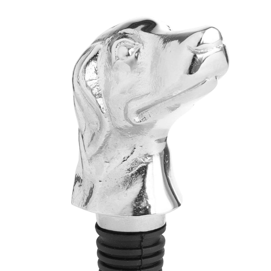 Silver nickel dog head wine bottle stopper, elegant metal pour spout with detailed canine sculpture  by Sostter at brixbailey.com