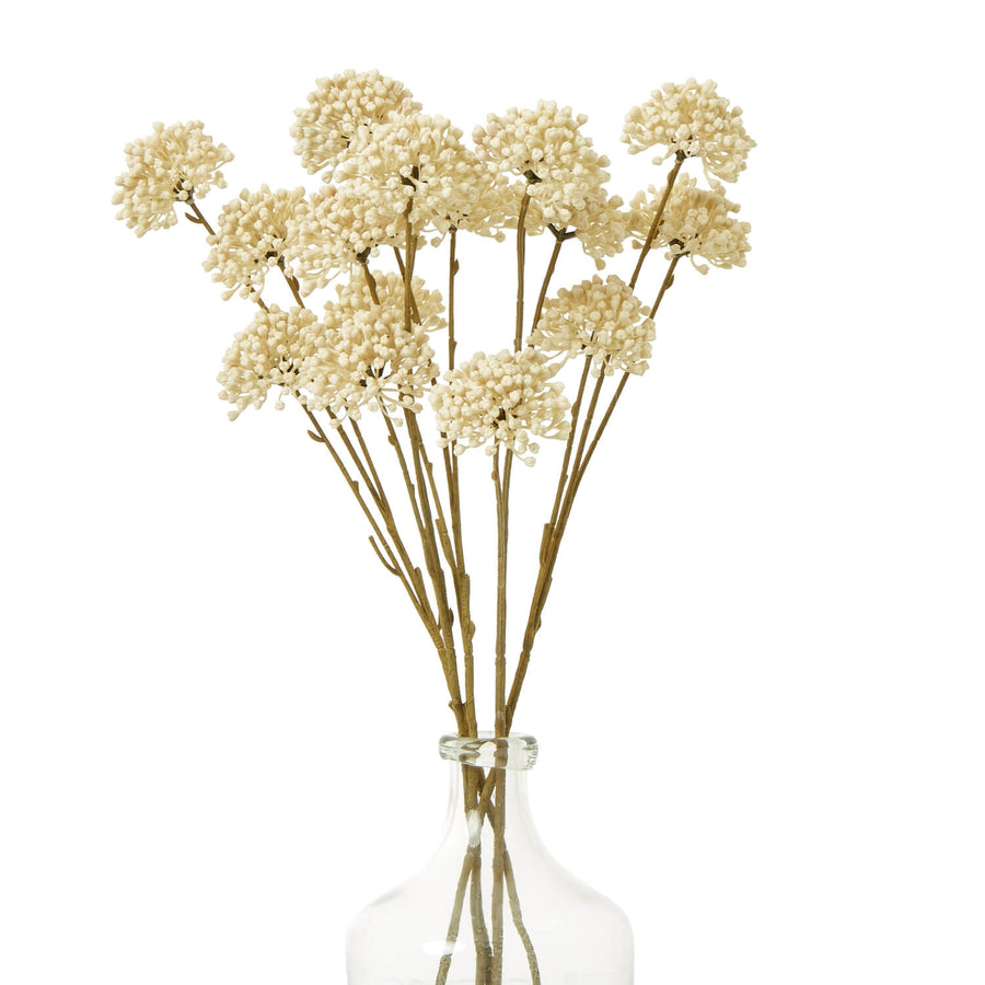 Cream allium spray with hyper-realistic blooms, 60cm bendable stems, soft cream hue for year-round floral decor by Sostter at brixbailey.com