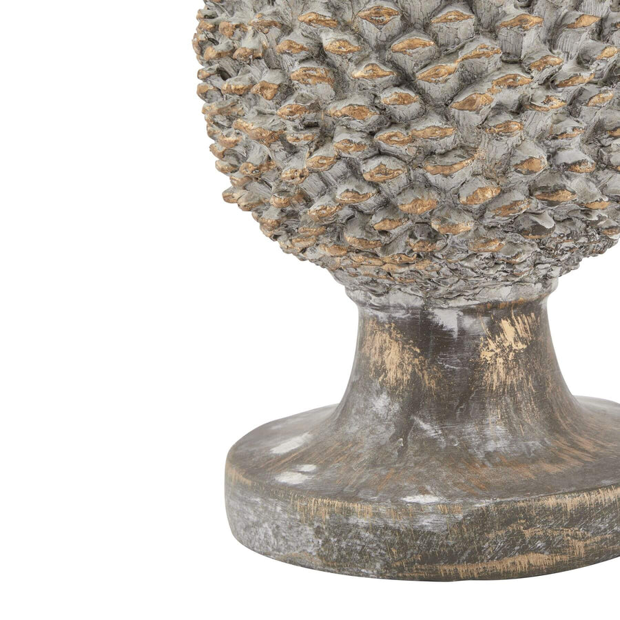 Handcrafted grey stone-effect pinecone ornament with gold metallic accents, 29cm tall ceramic home decor piece. by Sostter at brixbailey.com