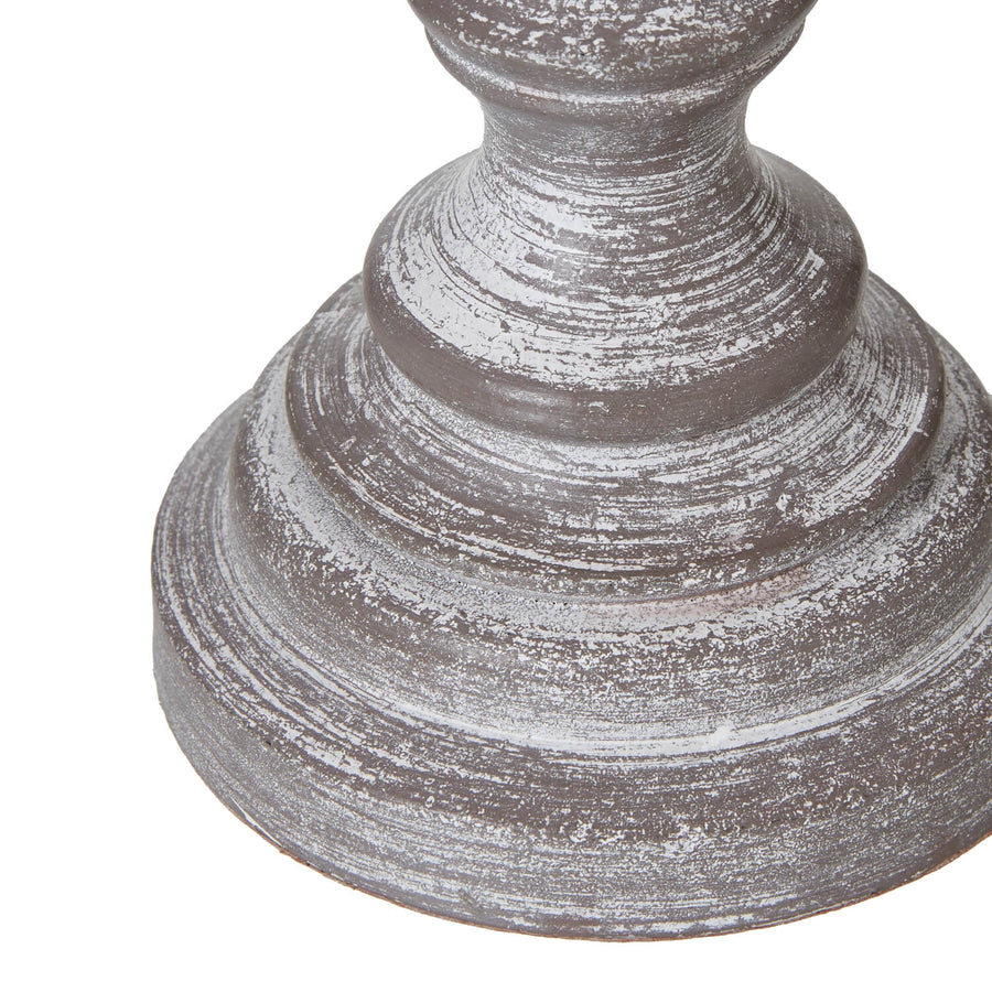 Weathered gray Nola Urn Table Lamp with white linen shade, solid wood base, and classic farmhouse-modern design  by Sostter at brixbailey.com