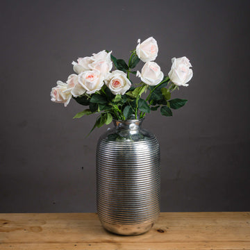 Palest pink artificial tea rose with green foliage, lifelike silk flower for home decor, 65 cm tall by Sostter at brixbailey.com