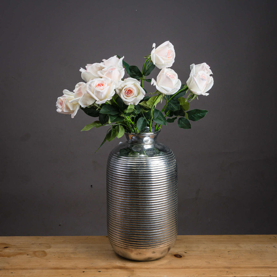 Palest pink artificial tea rose with green foliage, lifelike silk flower for home decor, 65 cm tall by Sostter at brixbailey.com