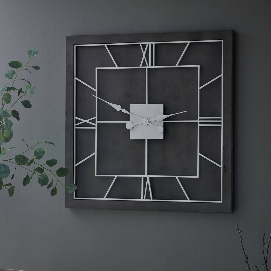 Williston Grey Square Wall Clock with Roman numerals on grey wood frame, modern home decor by Hill Interiors at brixbailey.com
