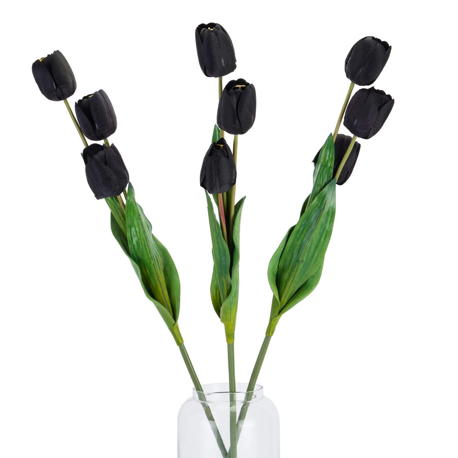 Tall black triple tulip stem, 42.5 artificial floral arrangement with realistic detailing for modern home decor by Sostter at brixbailey.com