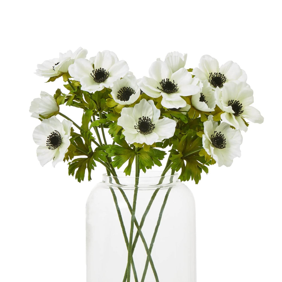 White Anemone Spray with lifelike petals and lush foliage, 56cm tall, perfect for modern or farmhouse decor by Sostter at brixbailey.com