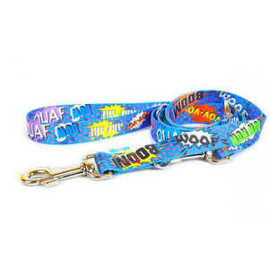 bold blue graffiti dog leash with a durable carabiner on a concrete background
