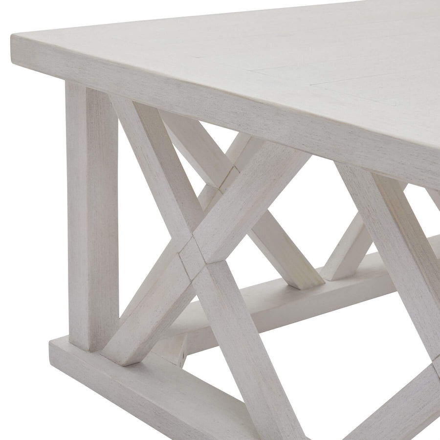 Handcrafted square coffee table with lattice design, distressed white pine finish, modern farmhouse style, 100cm wide. by Sostter at brixbailey.com