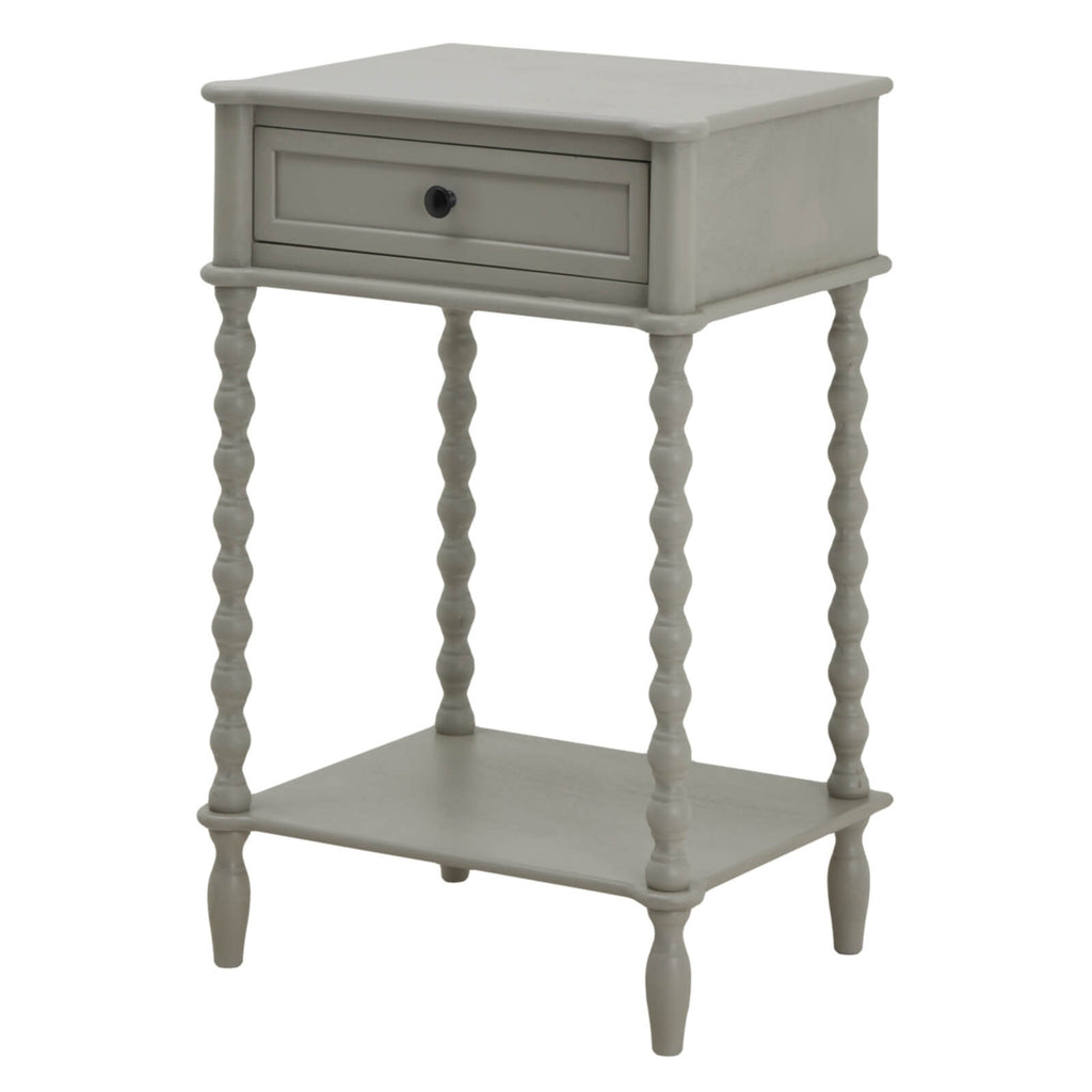 Minimalist Camden side table in sophisticated grey, solid wood with sleek drawer, perfect for modern or classic decor. by Sostter at brixbailey.com
