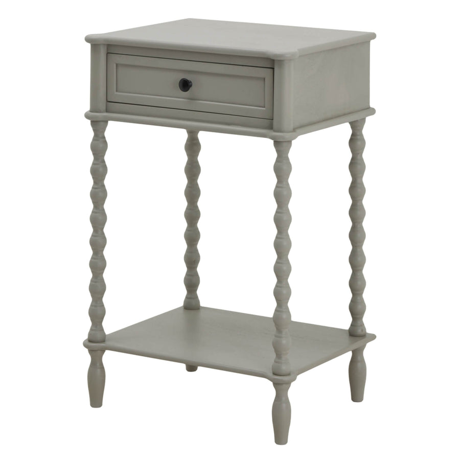 Minimalist Camden side table in sophisticated grey, solid wood with sleek drawer, perfect for modern or classic decor. by Sostter at brixbailey.com