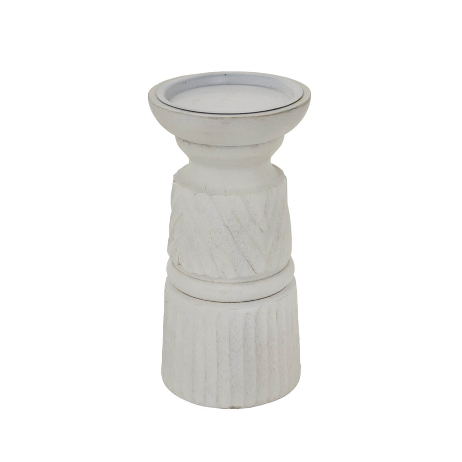 Hand-carved white wood candle holder with geometric patterns, 20cm tall, diffusing warm ambient light for elegant decor. by Sostter at brixbailey.com