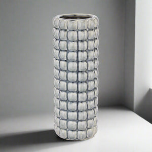 Handcrafted grey ceramic bubble texture vase from Seville Collection, 32cm tall with sculptural surface by sostter at brixbailey.com