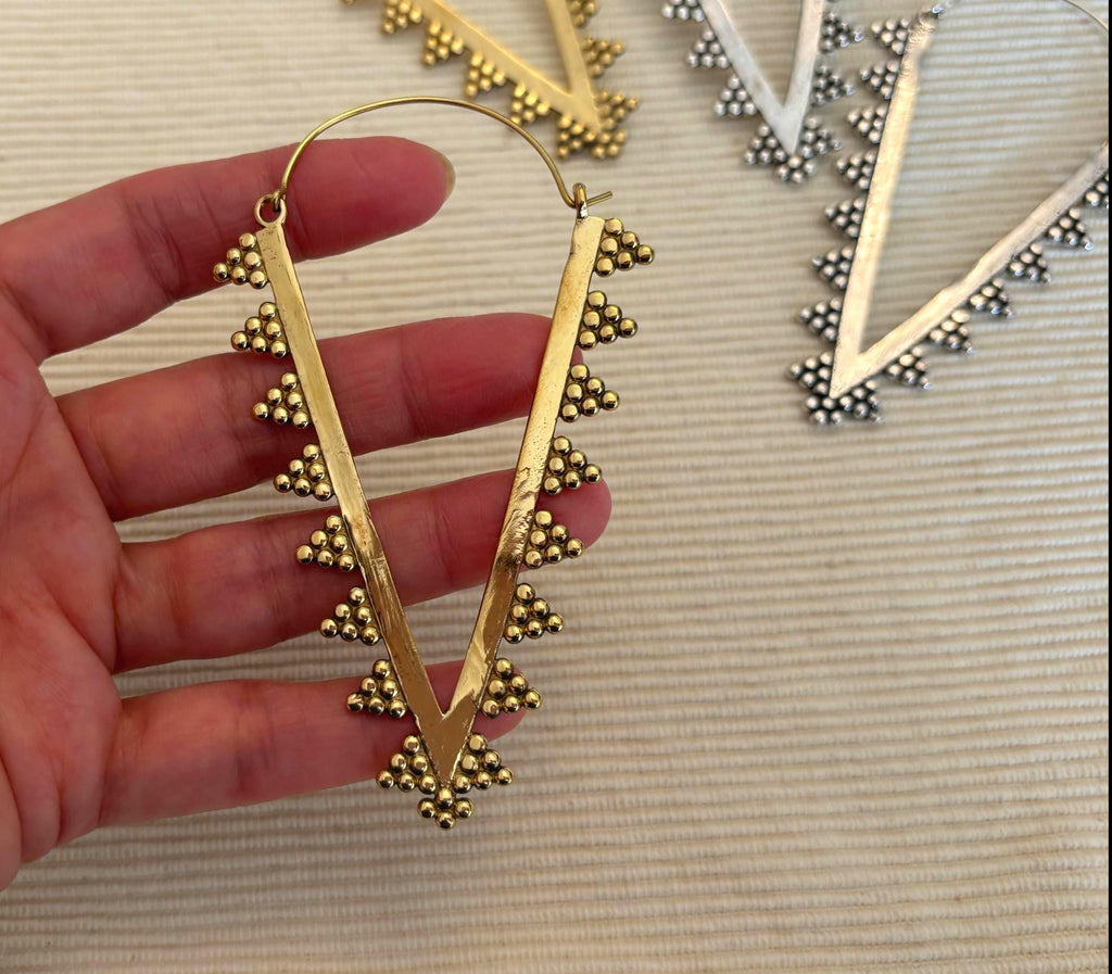 Zahara Spike Hoops - Edgy Brass Triangle Hoops with Boho Desert Vibes.
