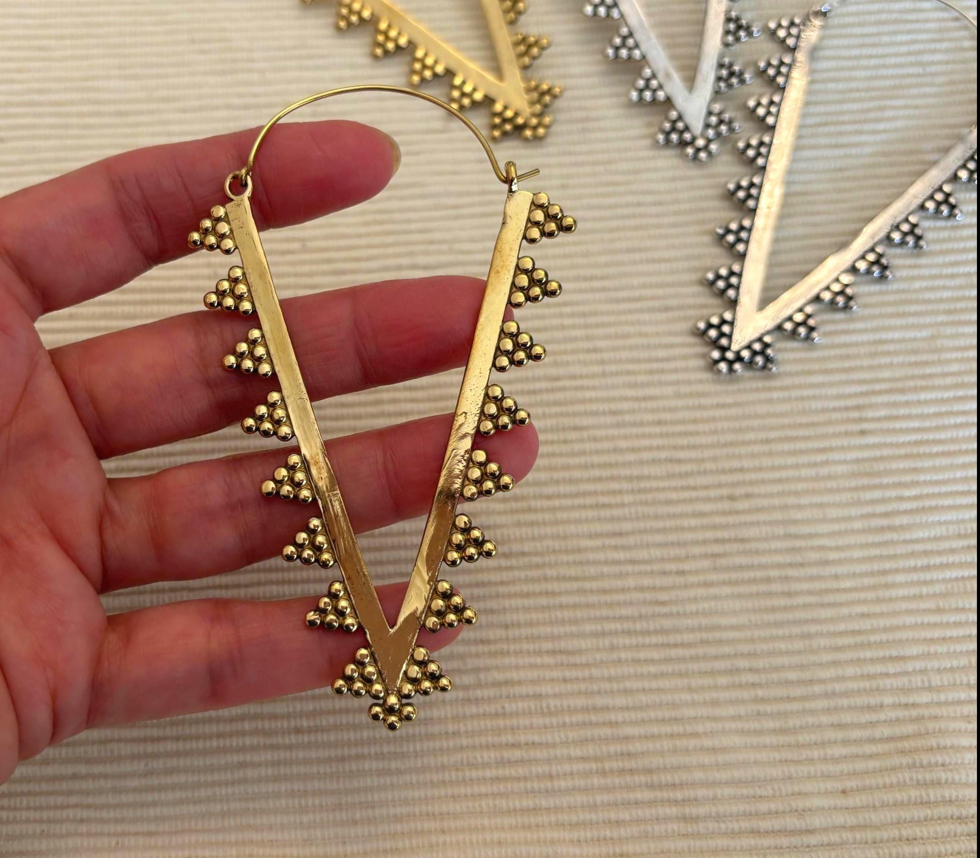 Zahara Spike Hoops - Edgy Brass Triangle Hoops with Boho Desert Vibes.