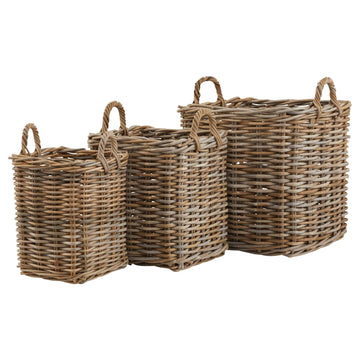 Set of 3 handwoven rattan storage baskets in natural brown, square with handles, perfect for home organization by Sostter at brixbailey.com