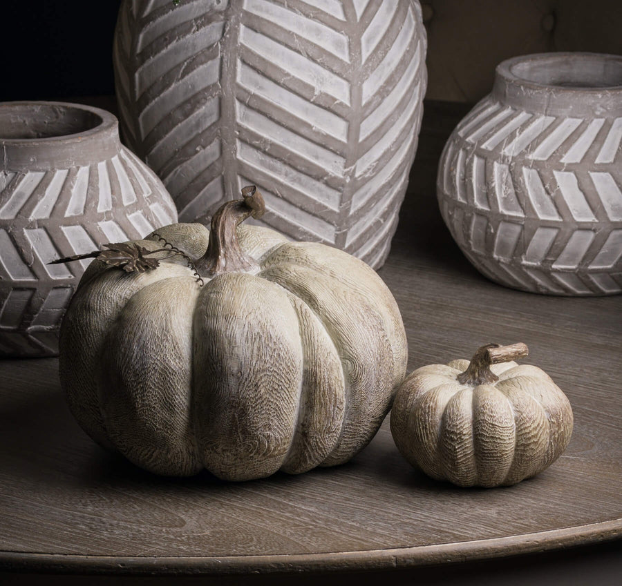 Handcrafted whitewashed resin pumpkin centerpiece with wood-grain texture, perfect for farmhouse or seasonal decor by Sostter at brixbailey.com
