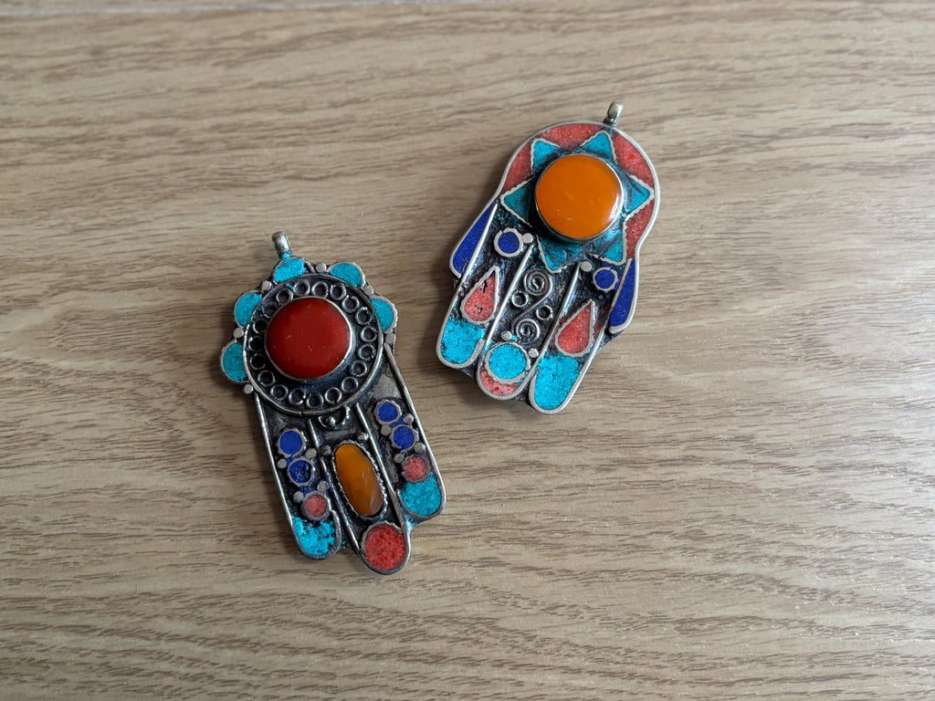 Large Hamsa Pendant, Tibetan Nepal, Amber, Lapis, Turquoise, Coral Stone Pendant, Fatima Hands hand of Fatima.
