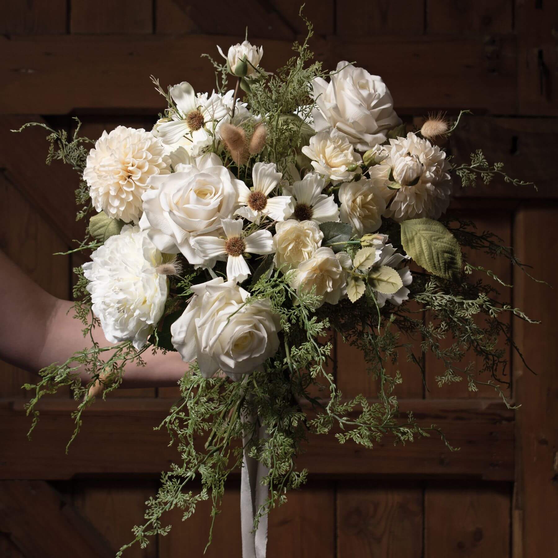 White artificial dahlia stem with lifelike layered petals, pure white color, 62cm height, for home decor. by Sostter at brixbailey.com