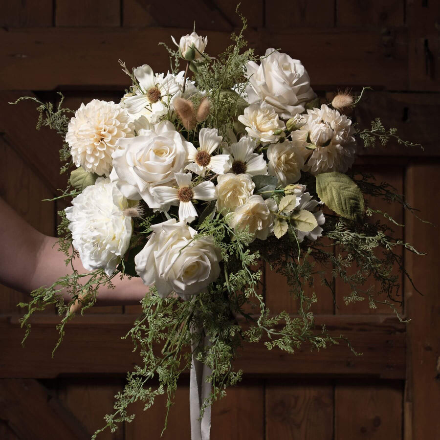 White artificial dahlia stem with lifelike layered petals, pure white color, 62cm height, for home decor. by Sostter at brixbailey.com