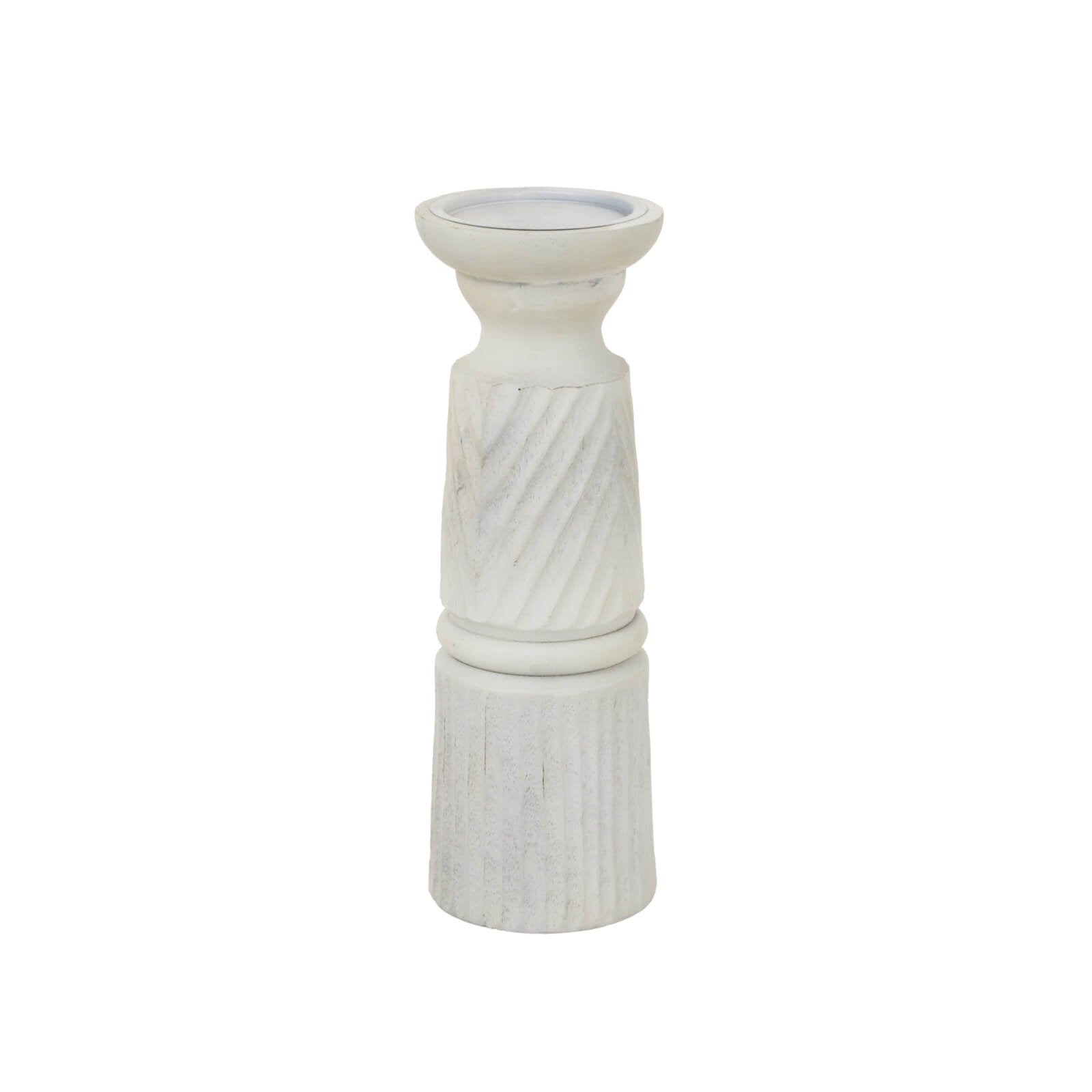 Hand-carved white wooden candle holder with intricate patterns, 30cm tall, for modern or traditional decor. by RoomLondon at brixbailey.com