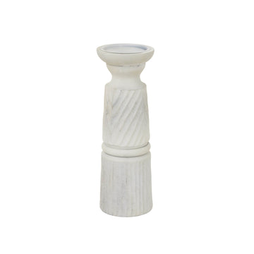Hand-carved white wooden candle holder with intricate patterns, 30cm tall, for modern or traditional decor. by Sostter at brixbailey.com