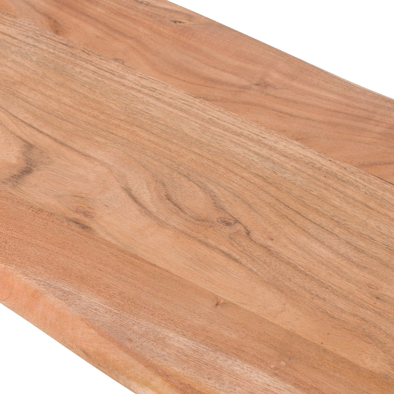 Handcrafted live edge acacia wood bench with grey metal frame, showcasing natural grain and rustic-modern design. by RoomLondon at brixbailey.com