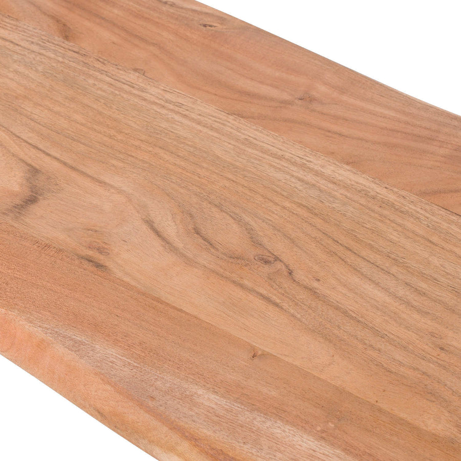 Handcrafted live edge acacia wood bench with grey metal frame, showcasing natural grain and rustic-modern design. by Sostter at brixbailey.com