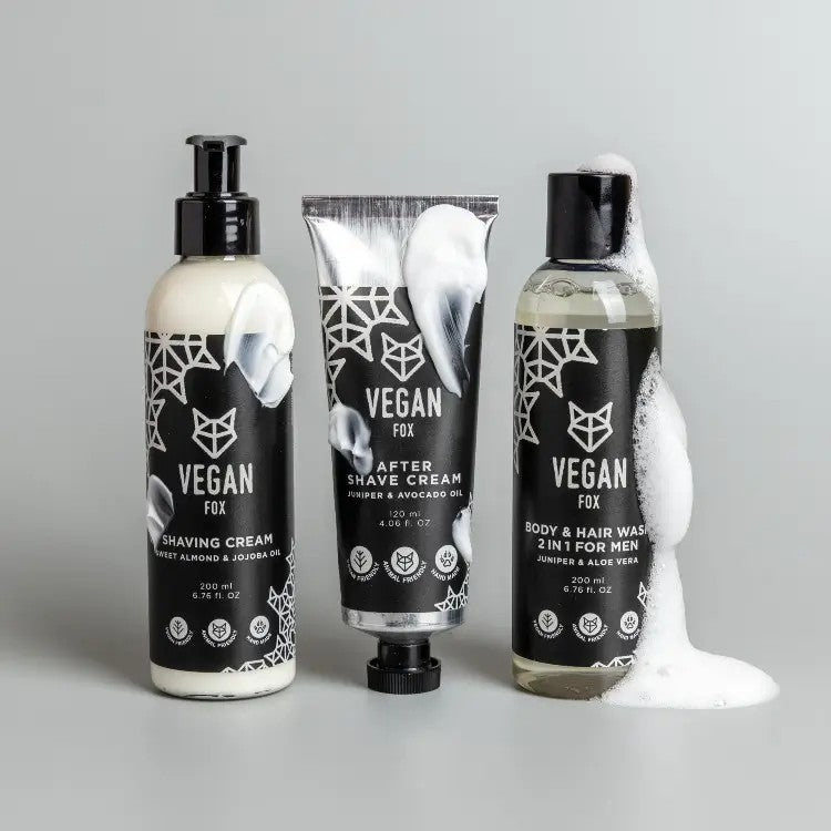 playful close-up of vegan after shave cream with forest scent, avocado oil and juniper berry extract glowing in warm light