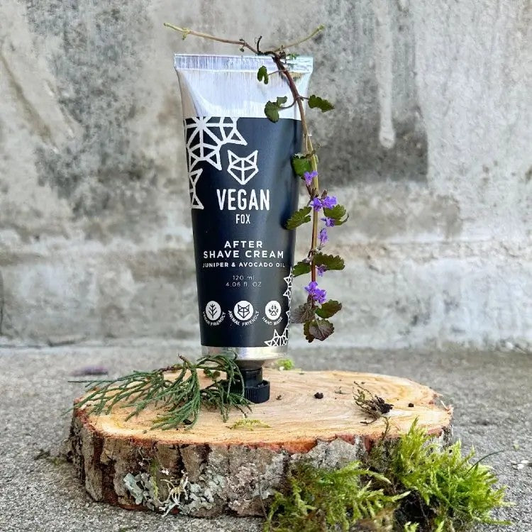 bold close-up of after shave cream for men with avocado oil and forest scent in sleek aluminium tube