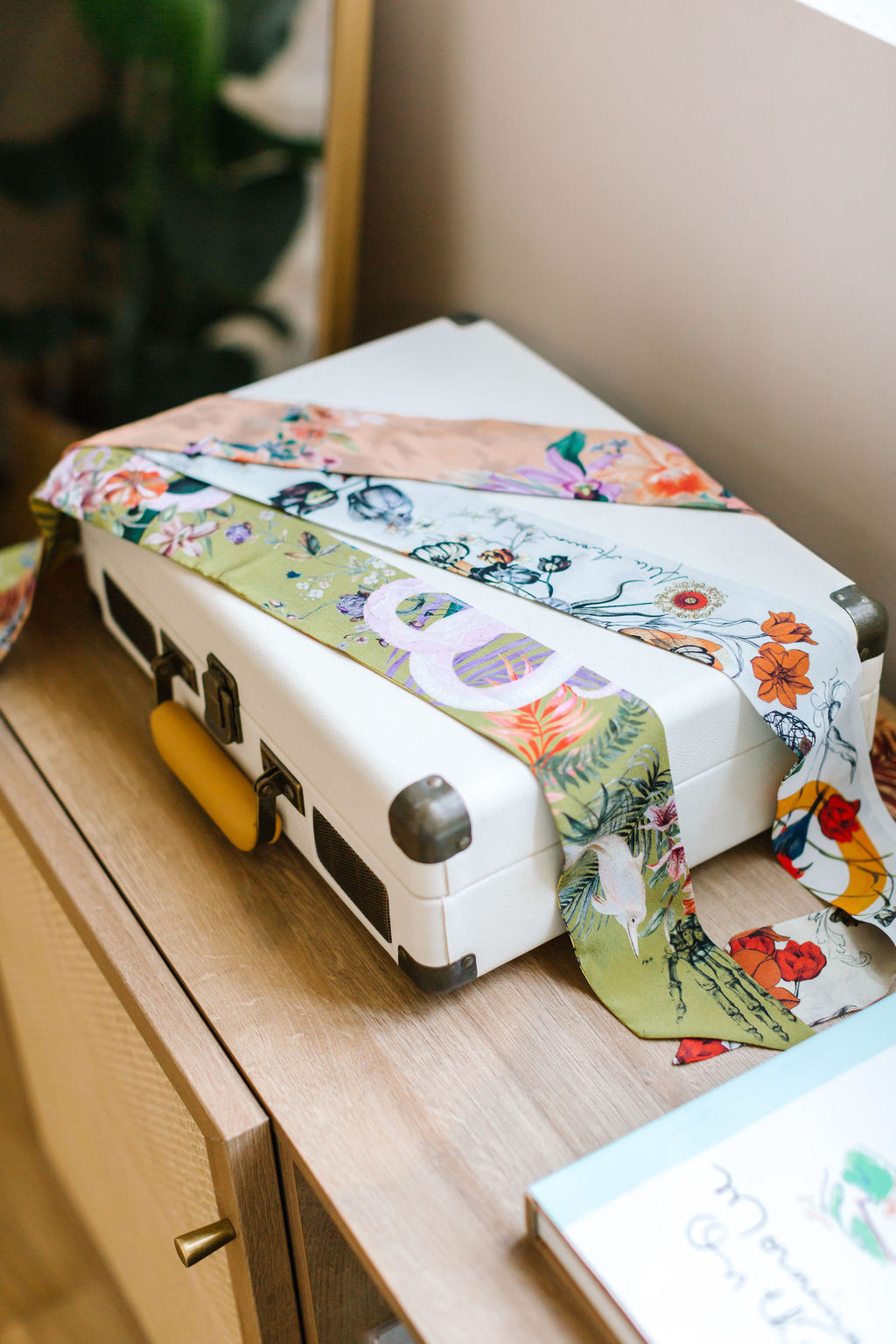 Cream Skinny Silk Scarf in Botanical Evolution Print