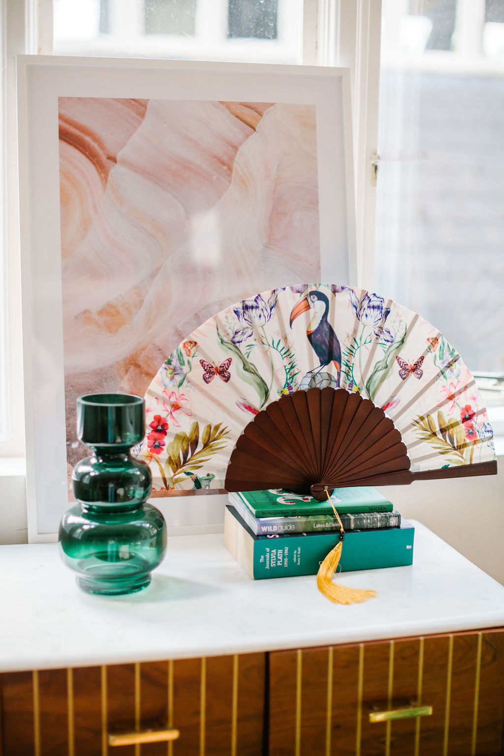Floral Silk Fan with Toucan and Gold Tassel