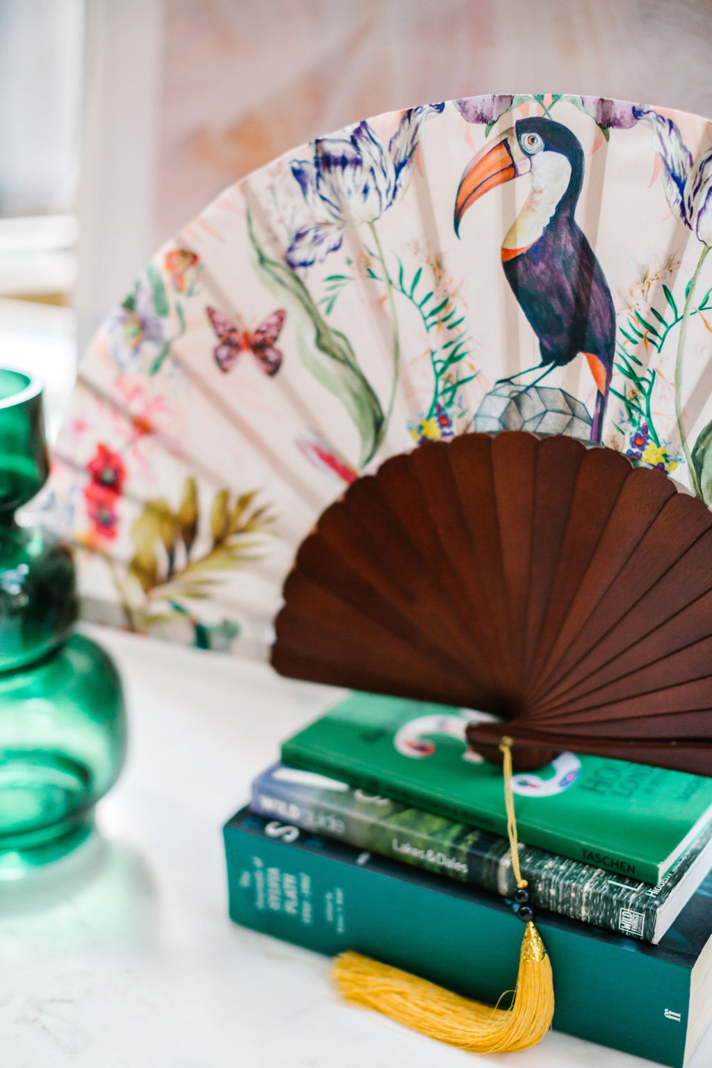 Floral Silk Fan with Toucan and Gold Tassel