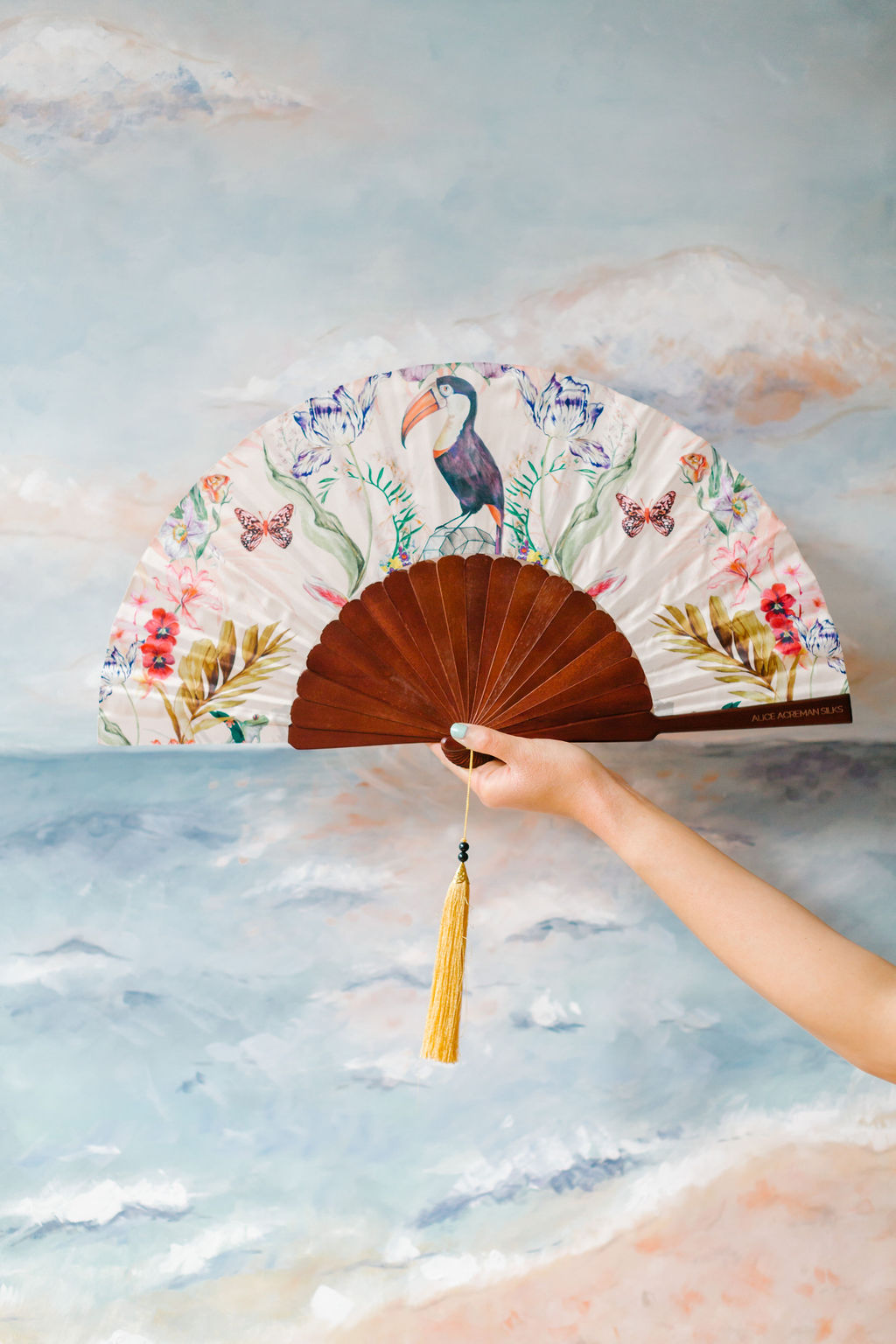 Floral Silk Fan with Toucan and Gold Tassel