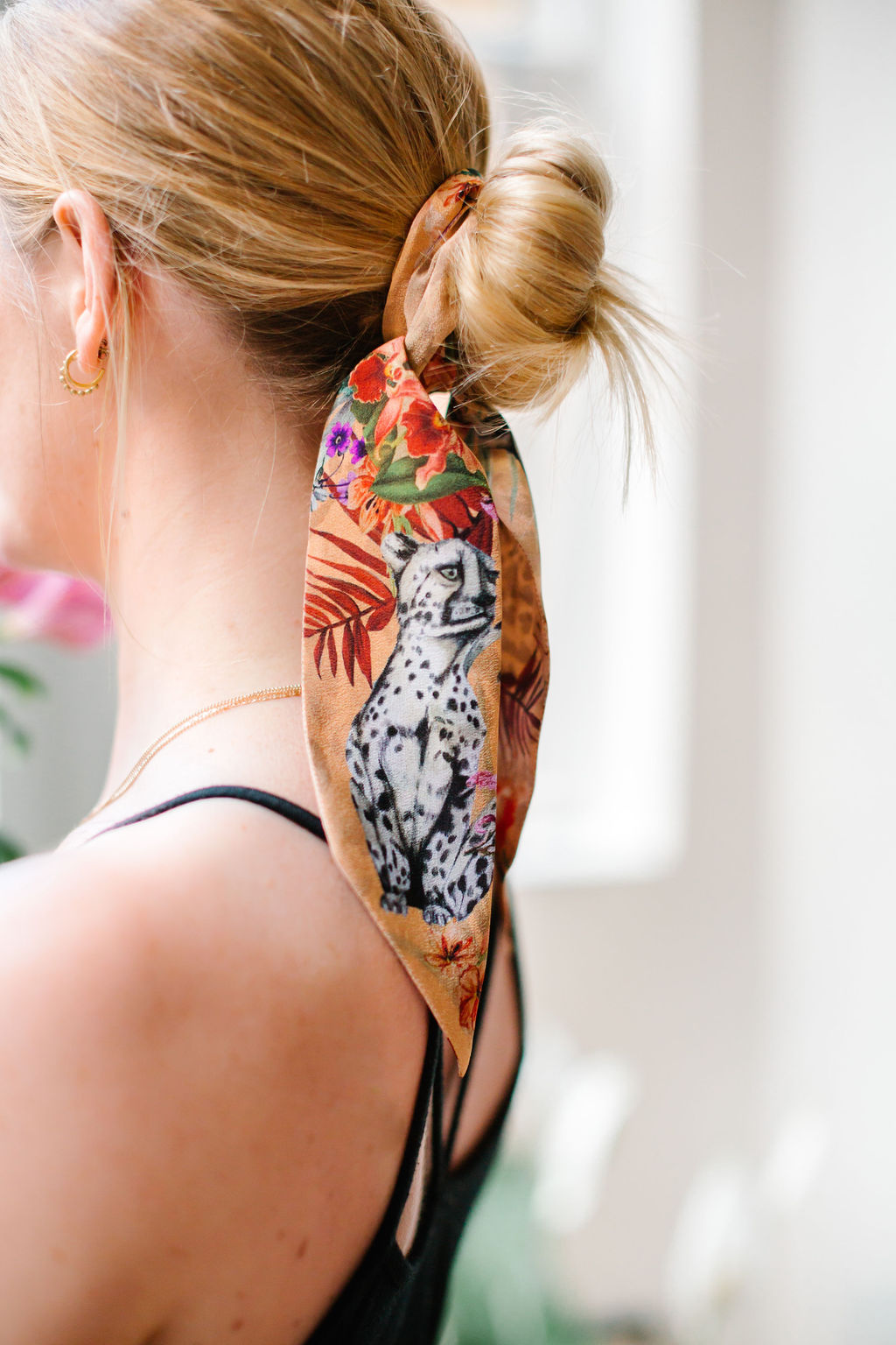 Peach Botanical Panthera Silk Twilly Scarf with Leopard Print