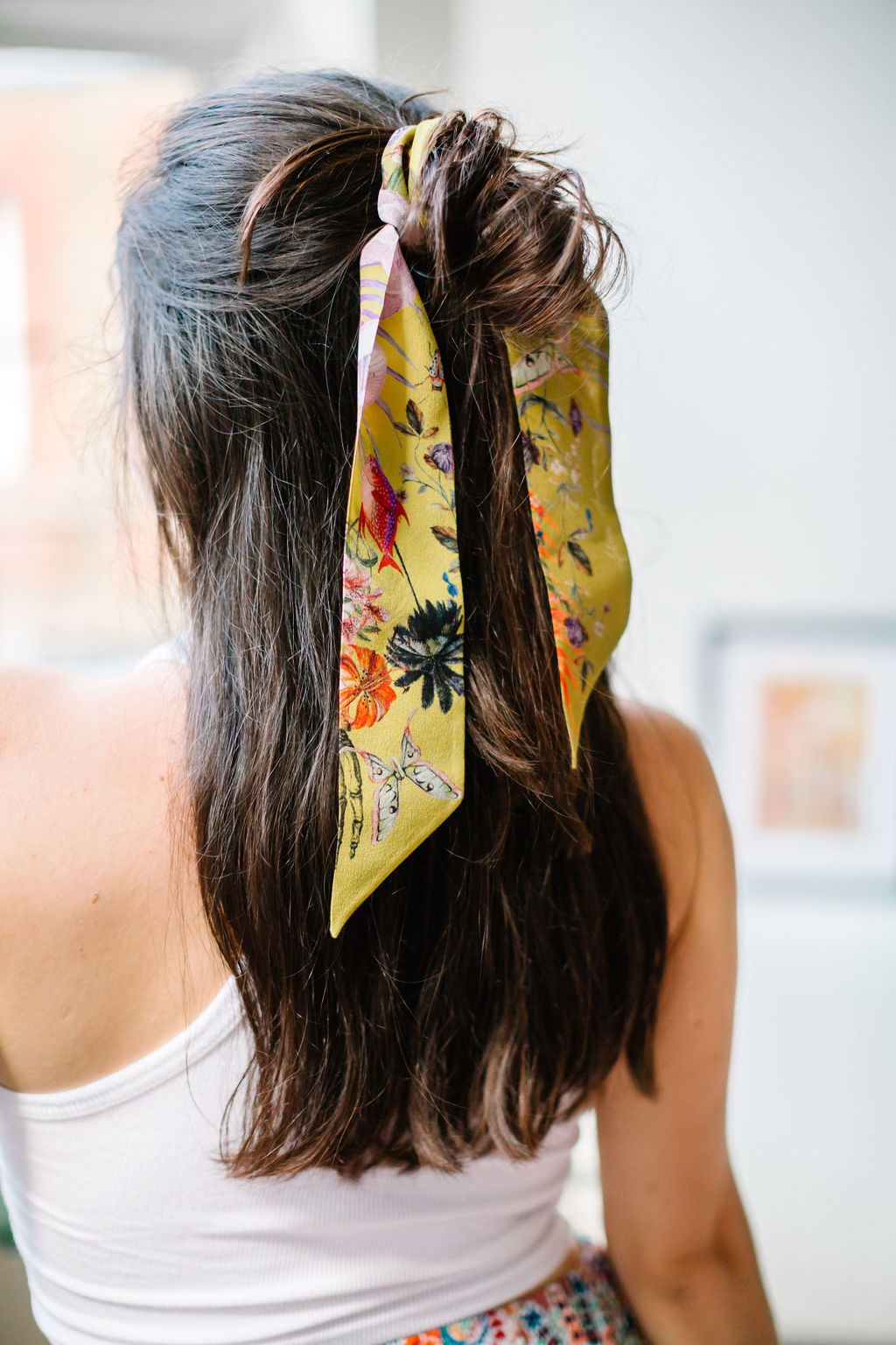 Golden Yellow Skinny Silk Scarf in Botanical Enticement Print