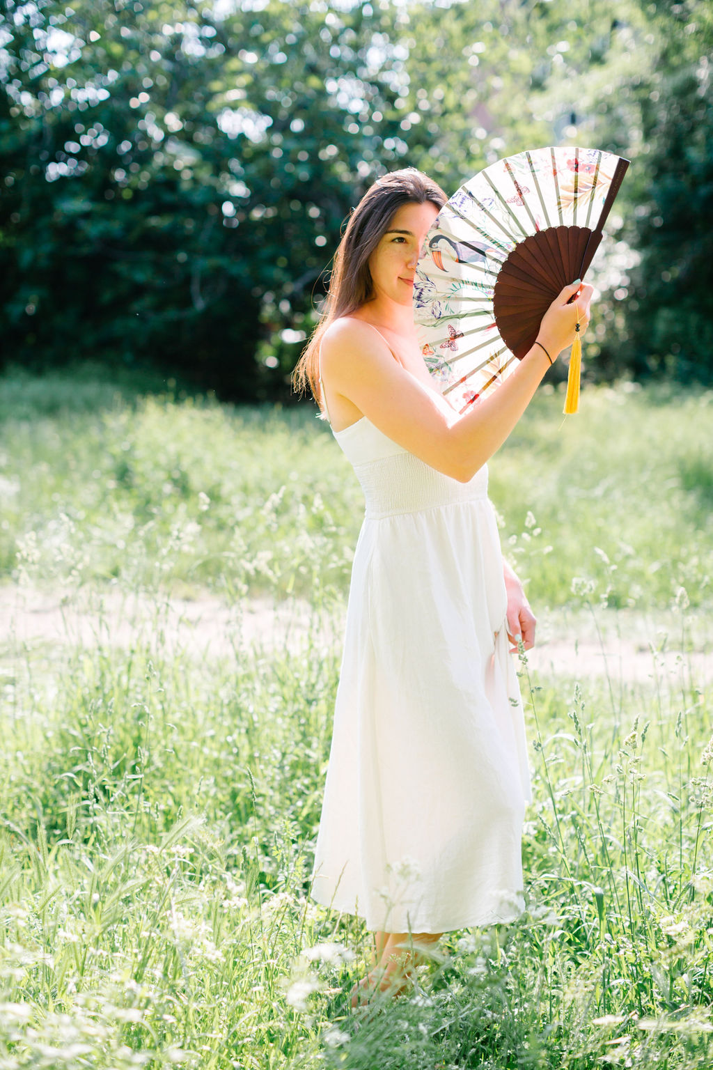 Floral Silk Fan with Toucan and Gold Tassel