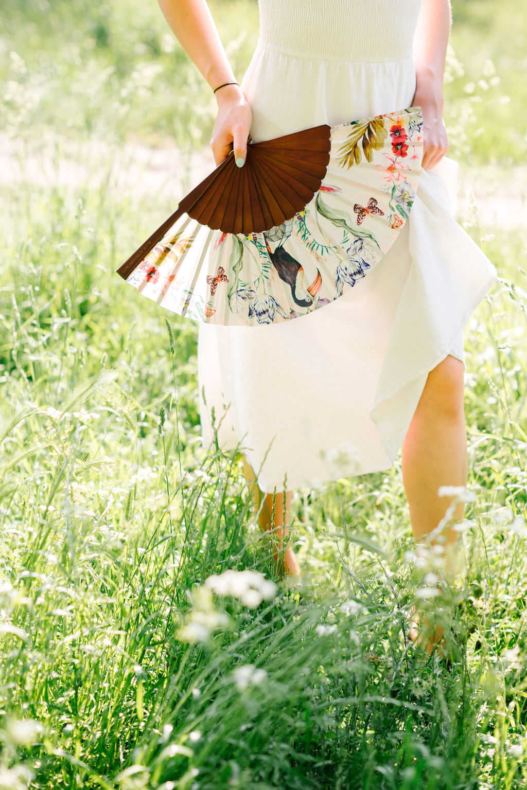 Floral Silk Fan with Toucan and Gold Tassel