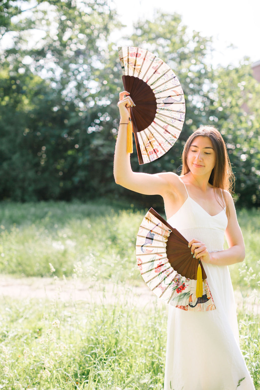 Floral Silk Fan with Toucan and Gold Tassel