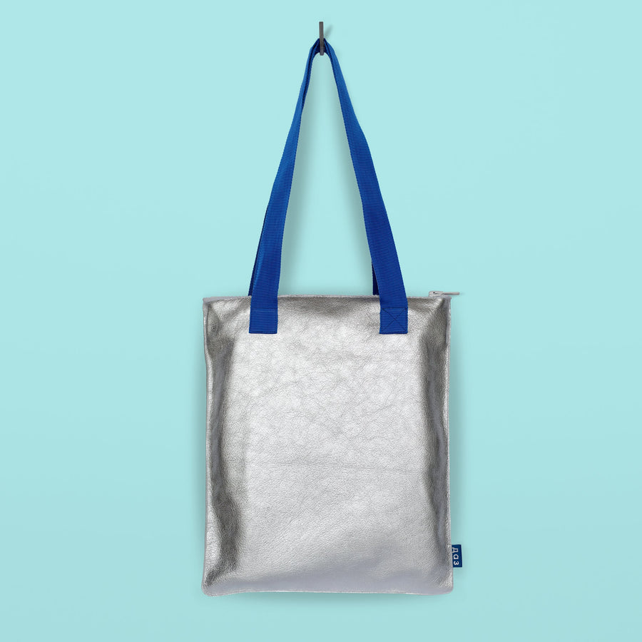 Silver Leather Tote Bag with Blue Straps – Handcrafted & Ethical by Daz Studio at www.brixbailey.com