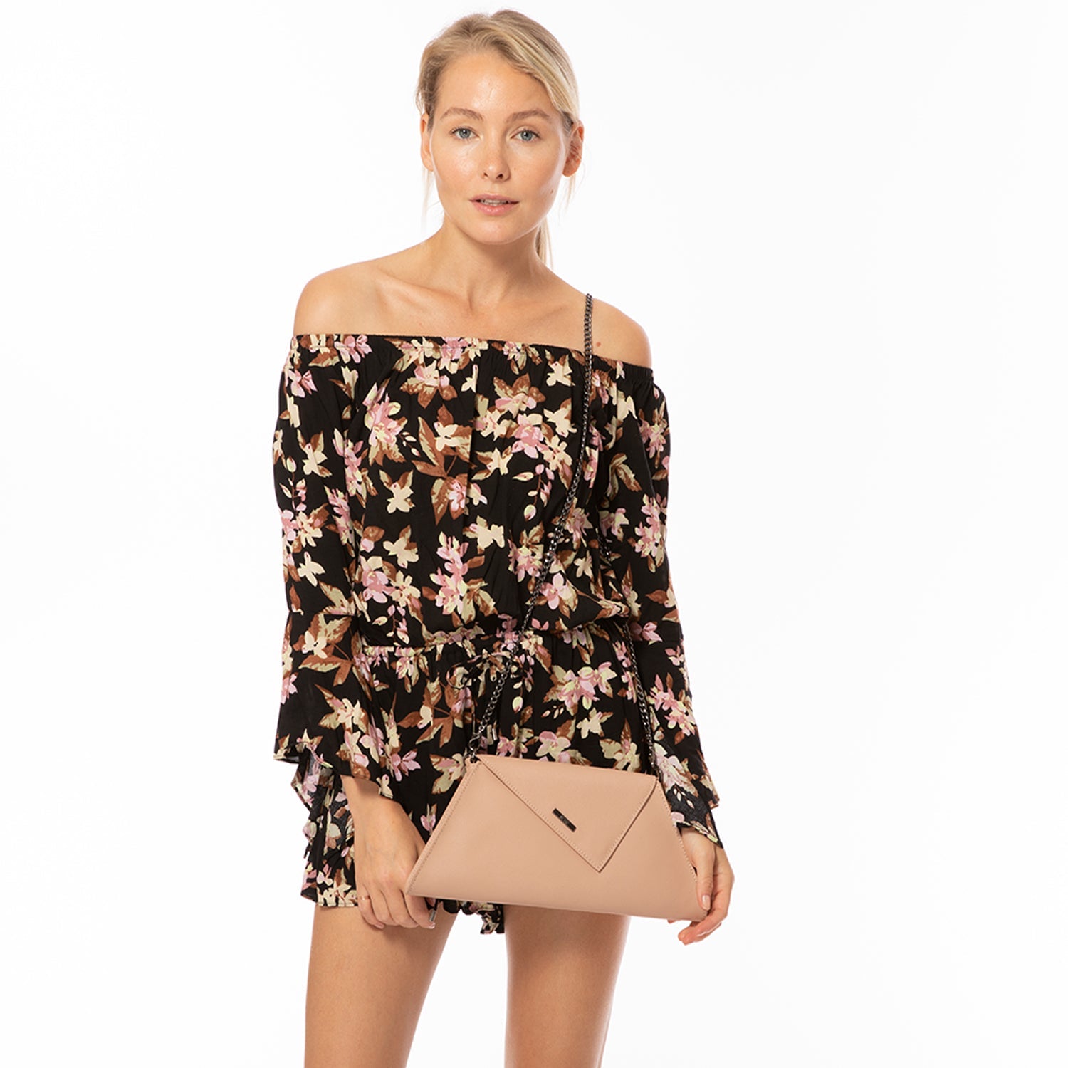 Nude Leather Clutch Bag with Detachable Chain Strap